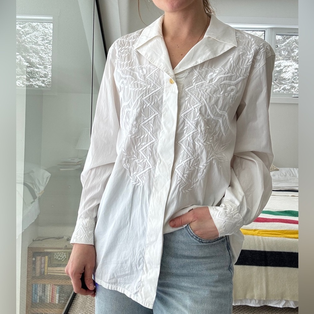 Escada White Embroidered Button Down Shirt